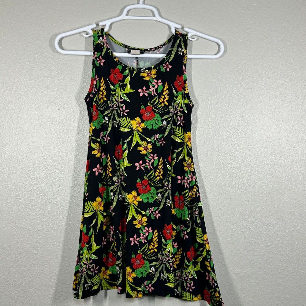 Discreet Dress Womens S Tropical Floral Tank ALine Sleeveless Scoop Neck Black
